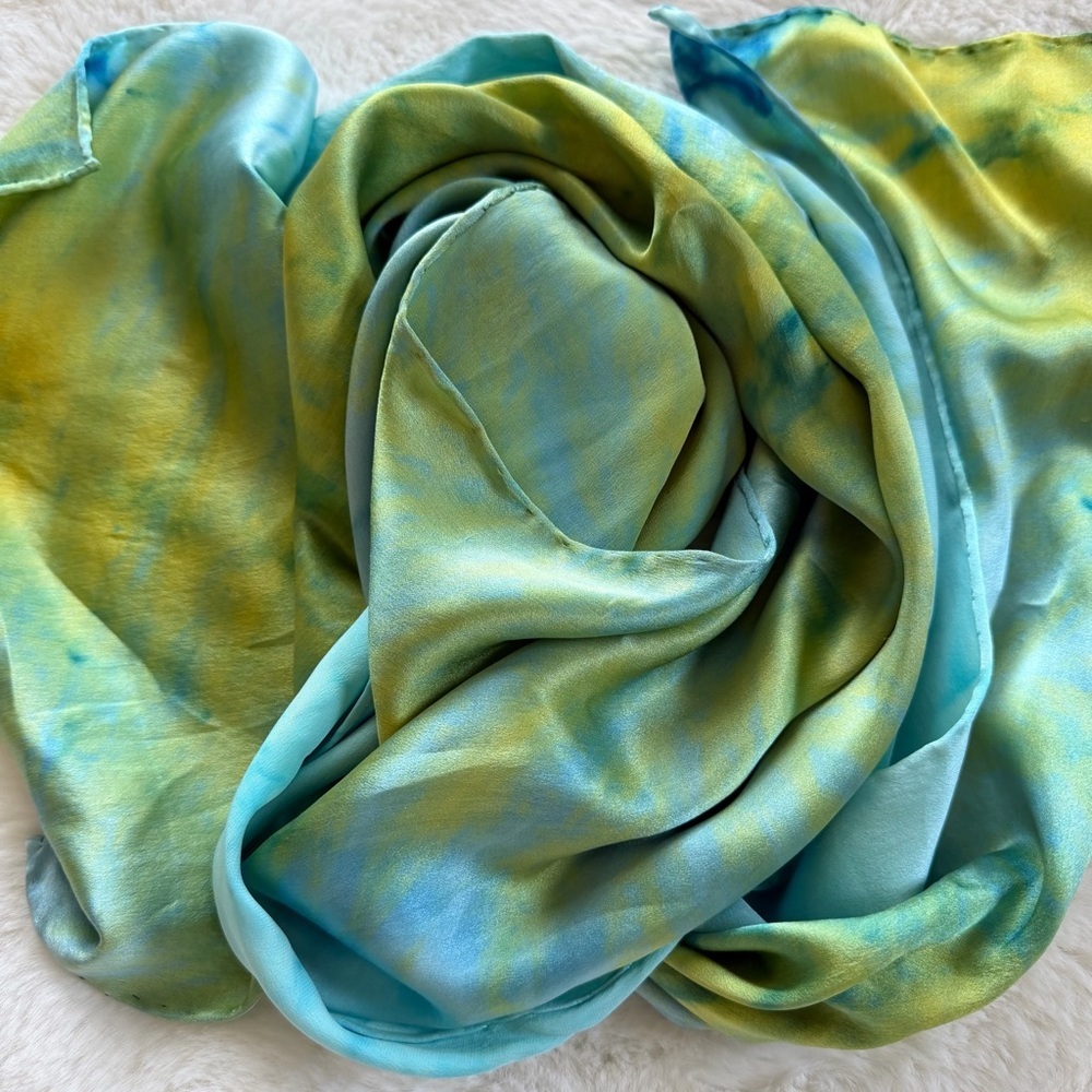 Hand Dyed Silk Scarf Blue Green Yellow Tie Dye Long Silk Wrap 14” x 65”